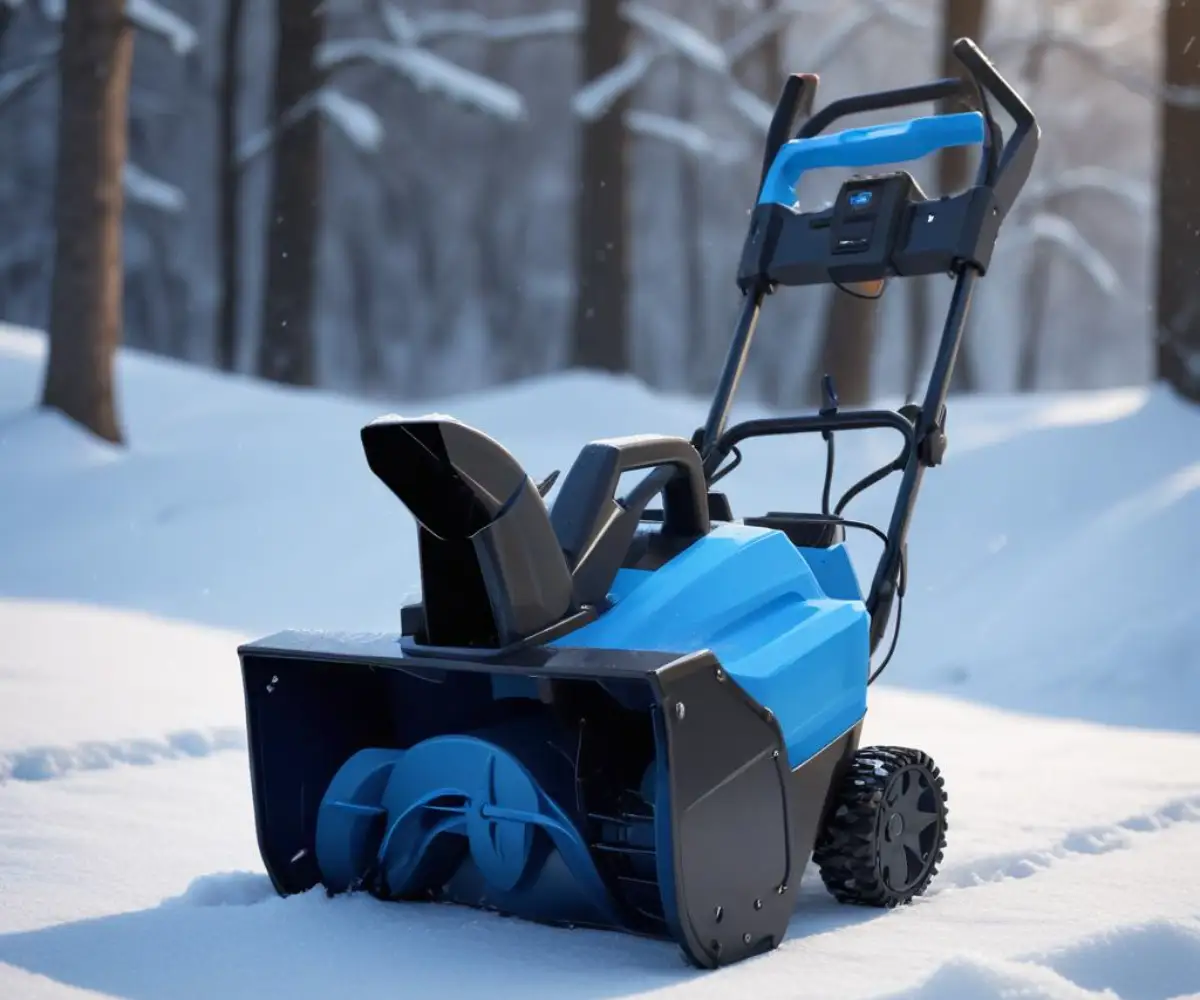 A blue and black cordless electric snow blower on a clean background.