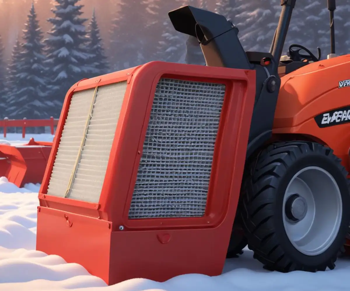 A clean rectangular paper air filter for a snowblower resting on a red metal engine housing.