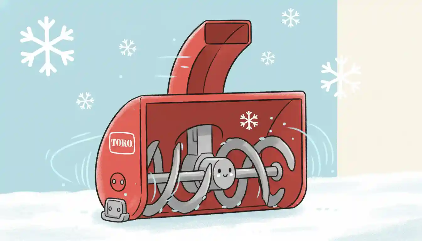 Close-up of a red snowblower's auger and housing assembly.