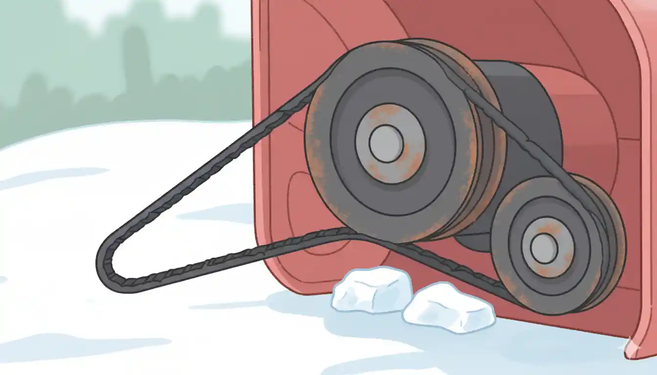 Close-up of a worn, black rubber snowblower auger belt wrapped around a rusty metal pulley assembly.