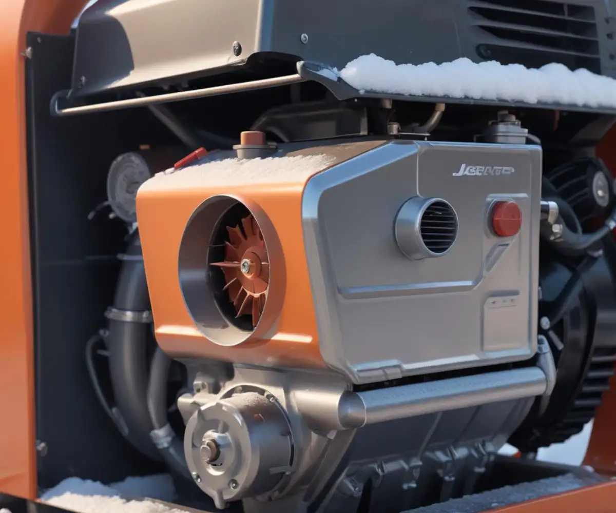 A close-up view of a metallic block heater component installed on the side of a clean snowblower engine.