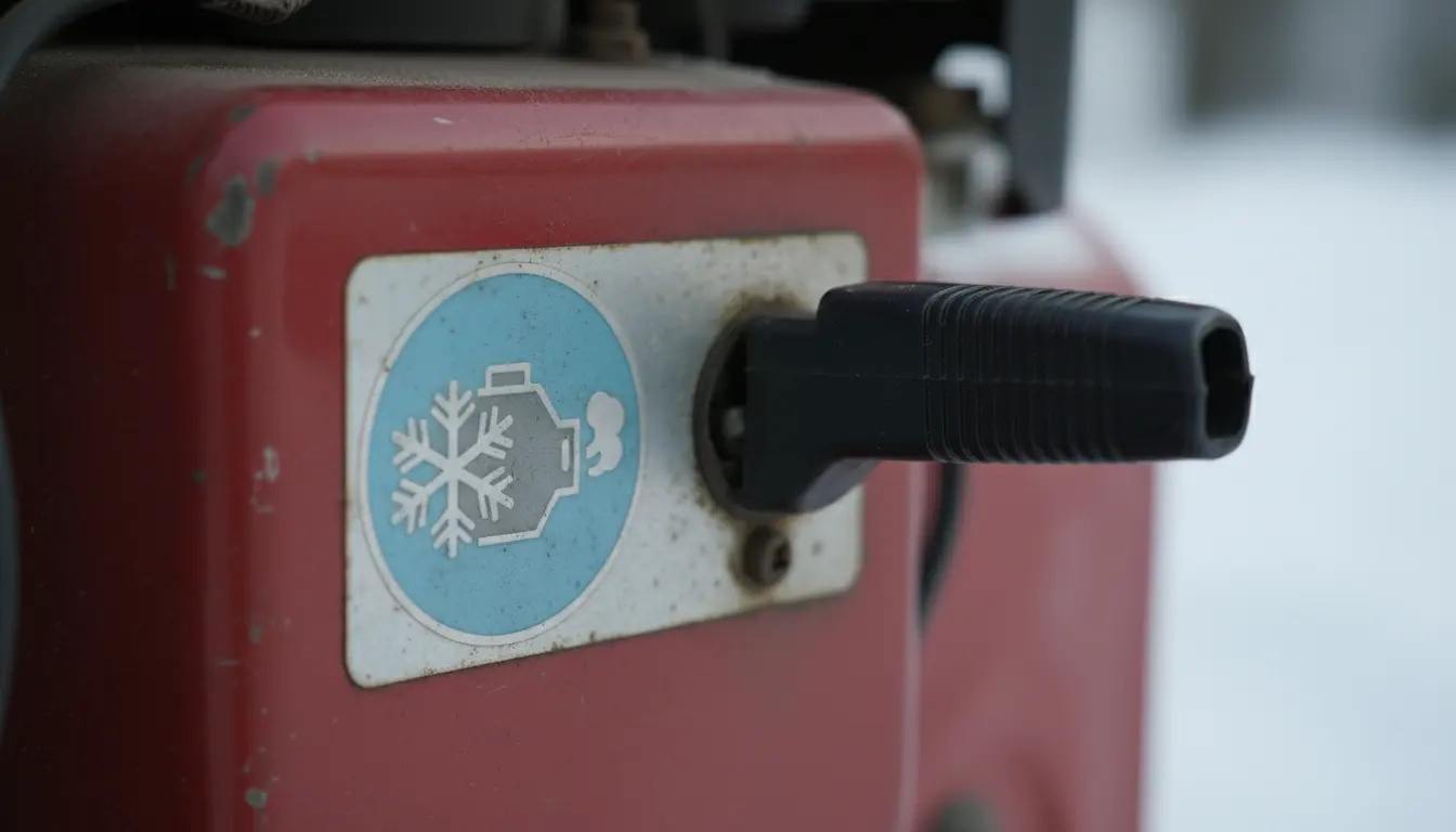 Close-up of a snowblower engine control panel, showing the choke lever and its corresponding symbol.