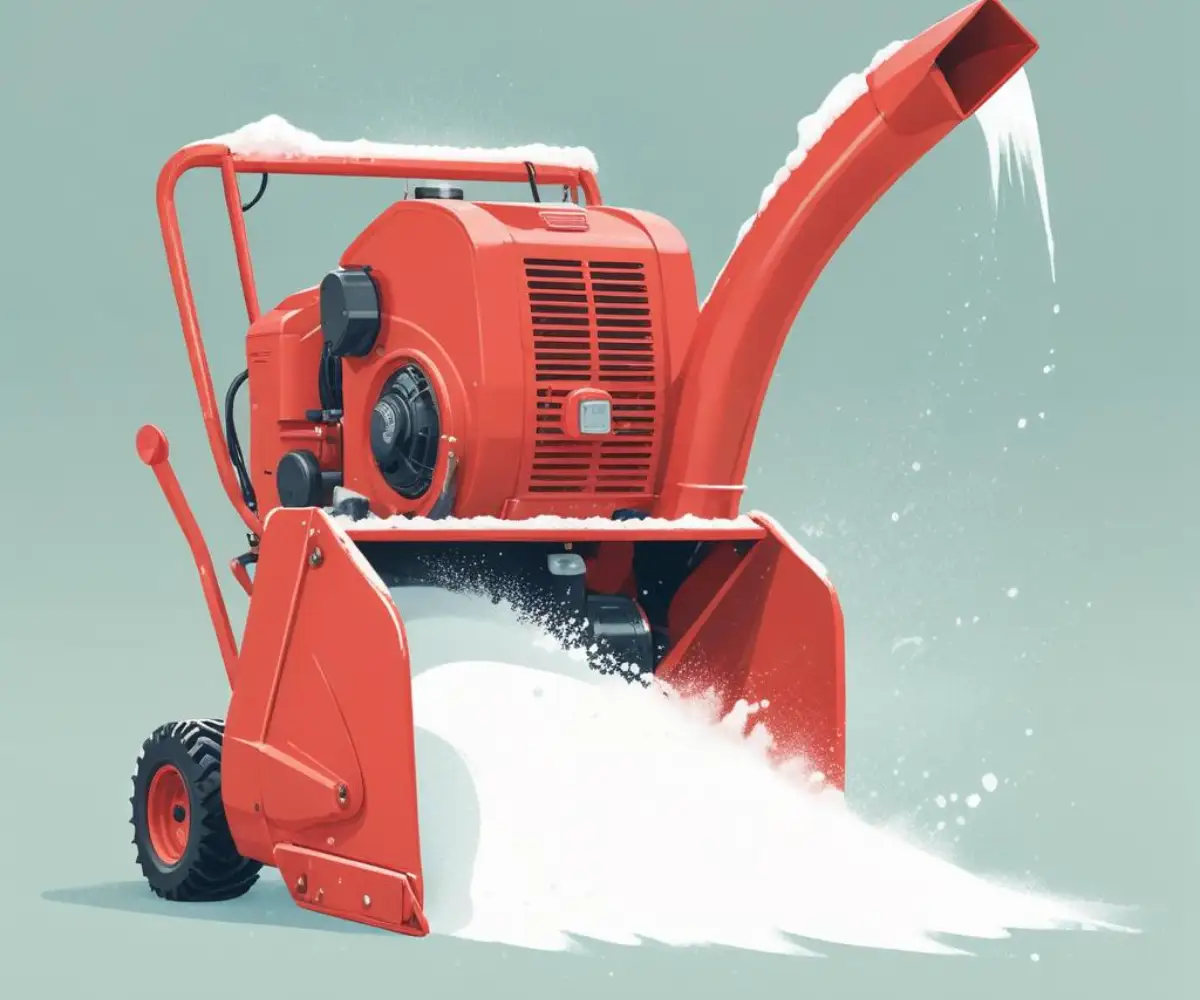 Close-up view of a red snowblower's discharge chute and control crank.