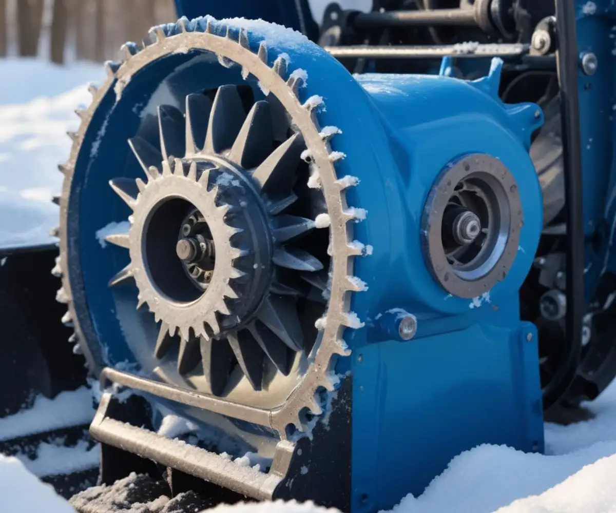 Close-up of a snowblower's open auger gearbox with the internal gears coated in fresh blue lubricating grease.