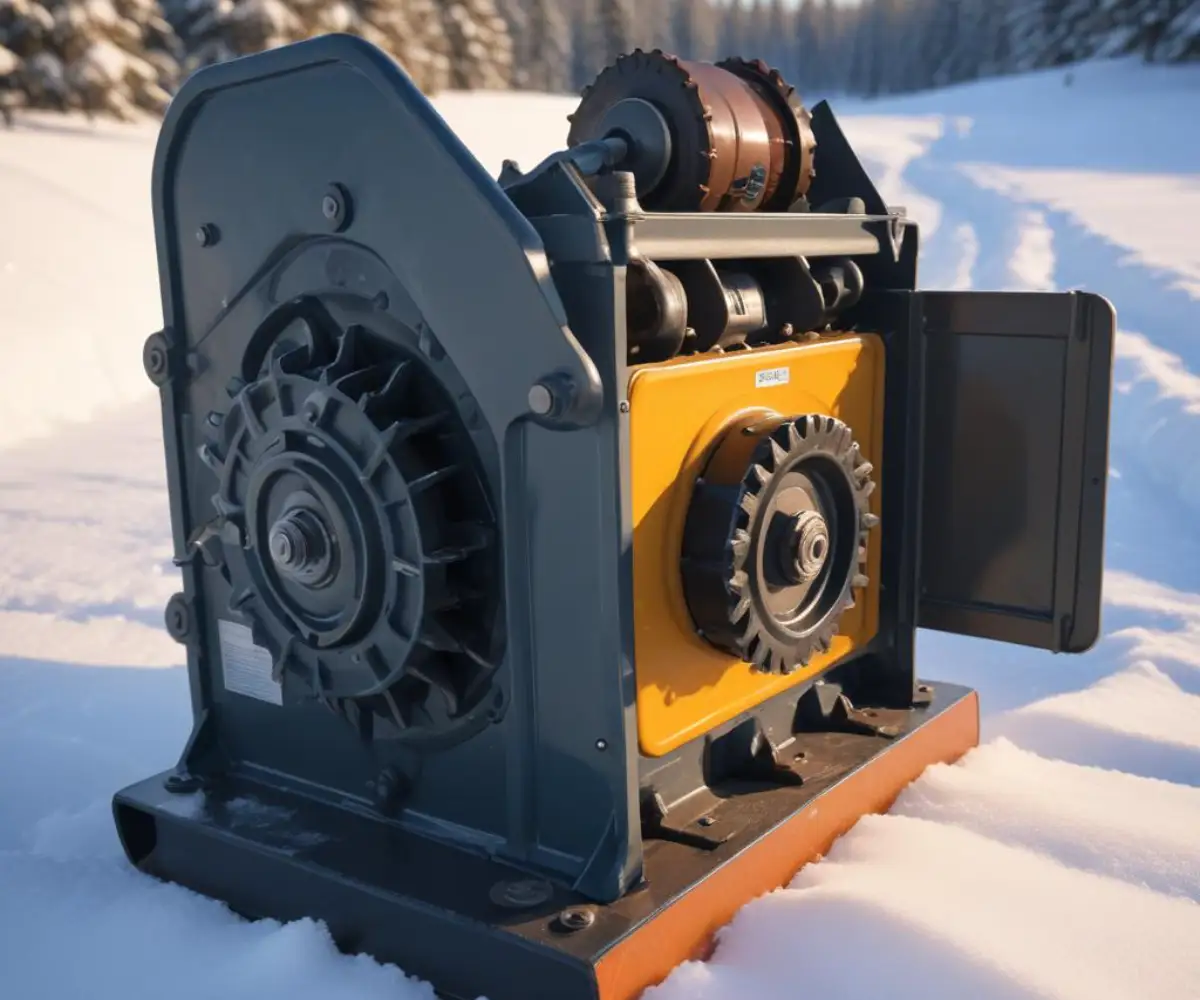 Close-up of a snowblower's auger gearbox mechanism with a container of synthetic gear oil nearby.