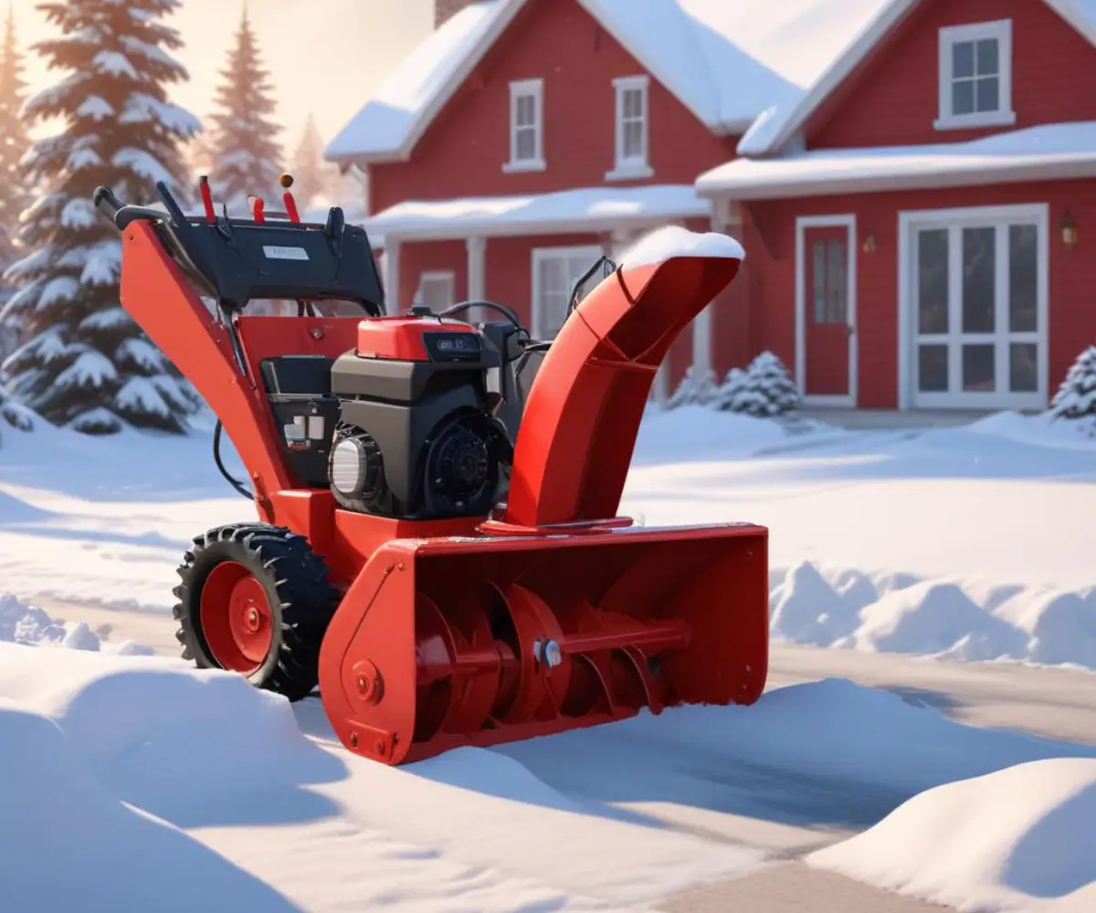 A red two-stage snowblower resting on a snow-covered driveway with its auger housing visible.