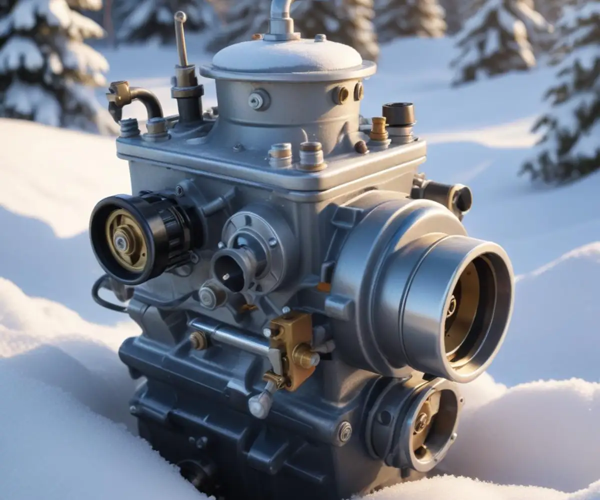 Close-up of a snowblower engine carburetor and governor linkage.