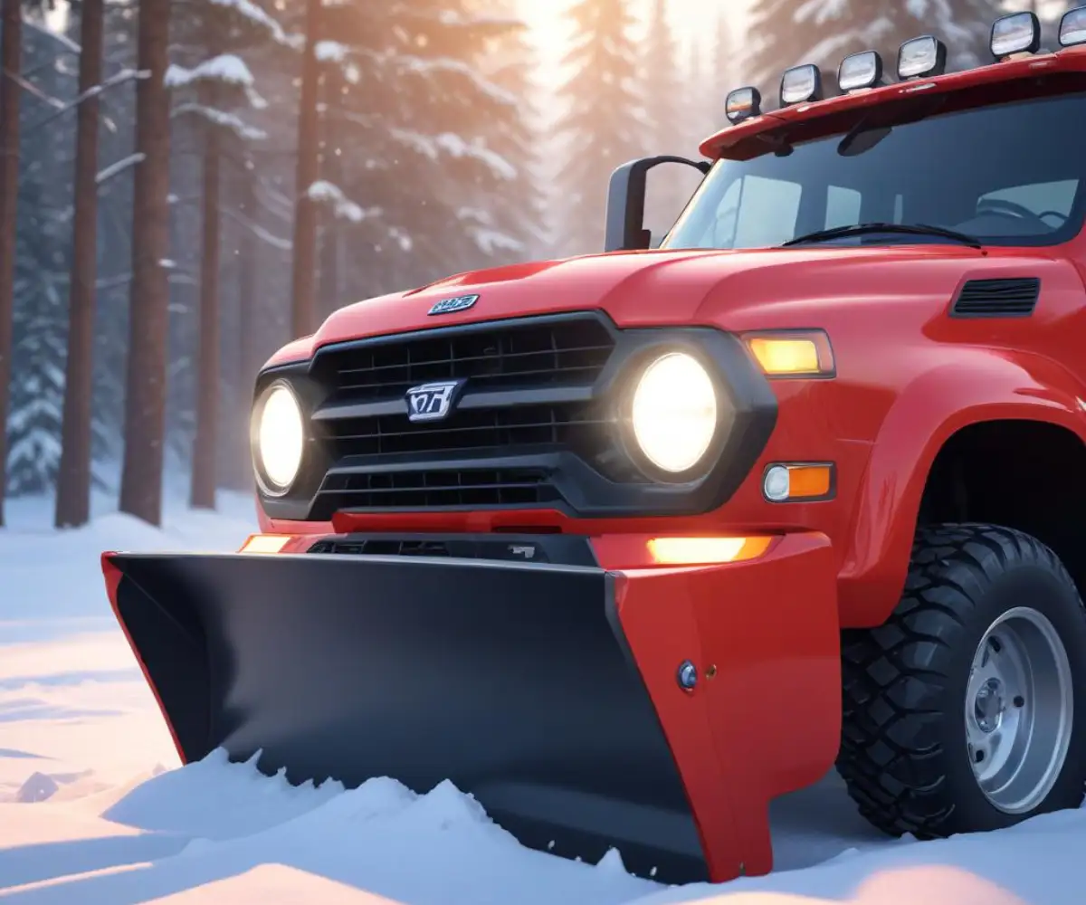 A modern, bright LED headlight mounted on the front housing of a red snowblower.