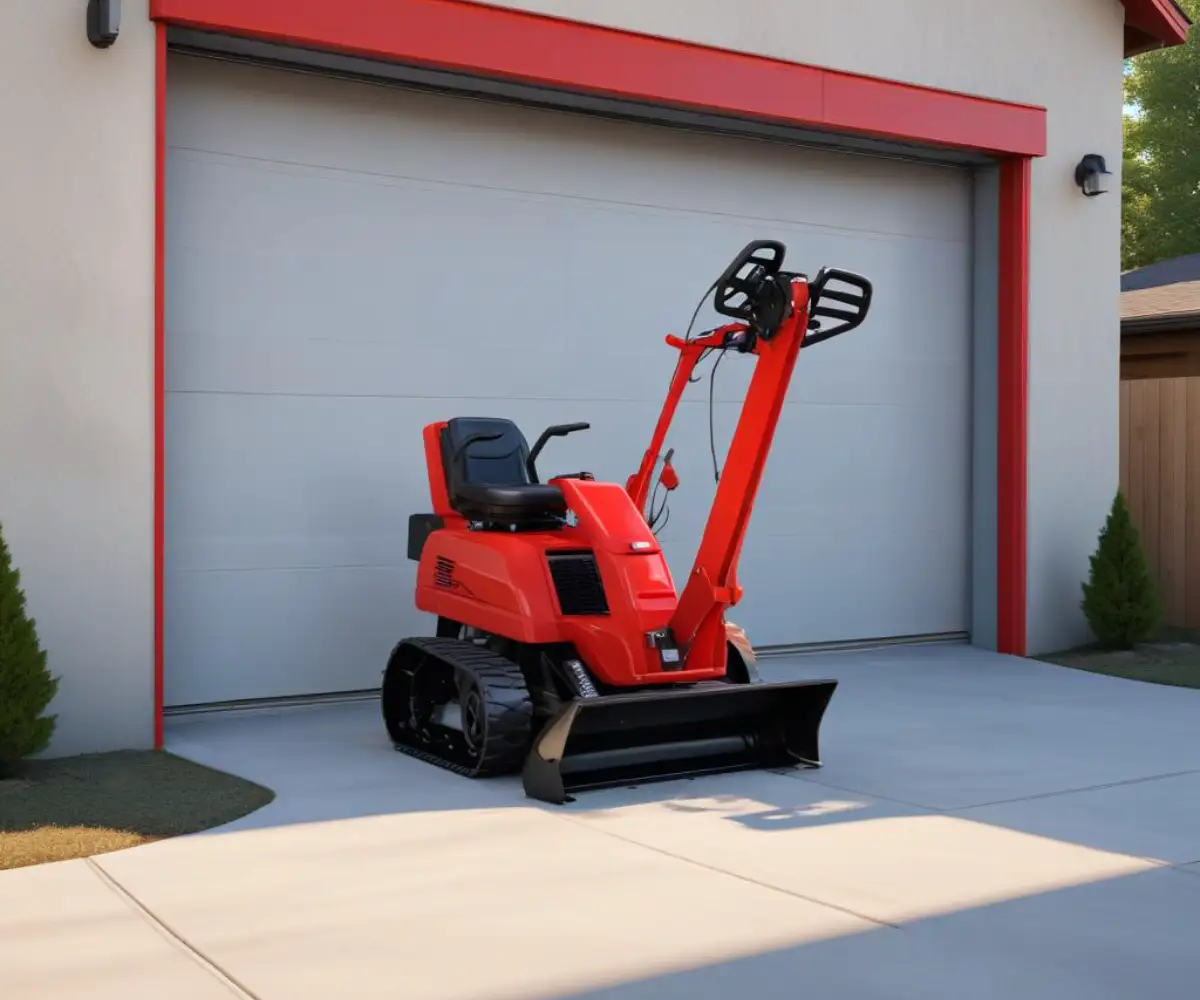 A red metal hydraulic lift elevating a snowblower on a clean concrete garage floor.