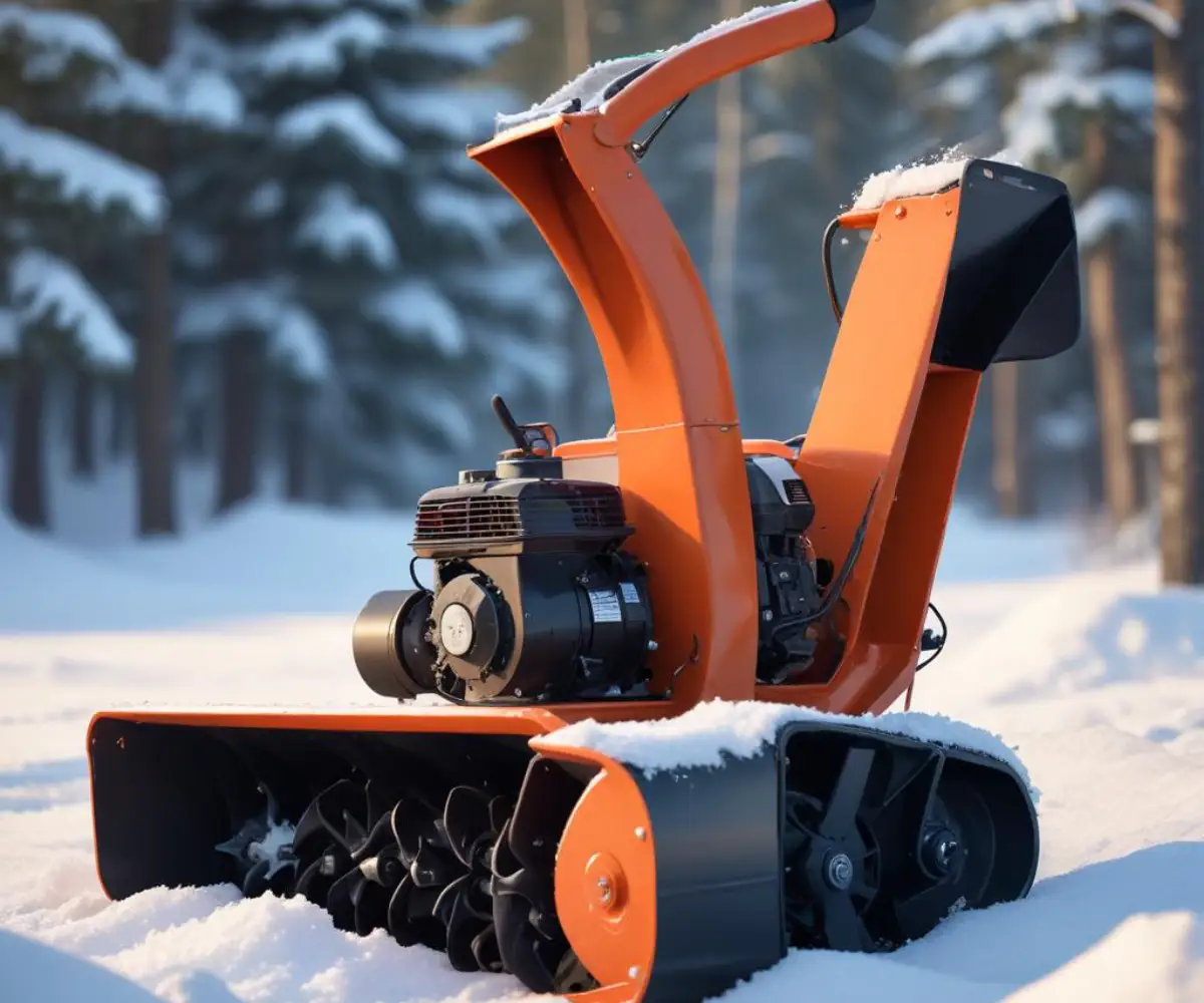 Close-up of a snowblower's auger and gearbox assembly.
