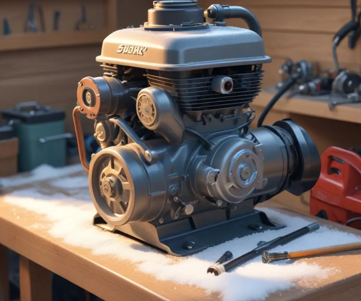 Close-up of a snowblower's engine components, including the spark plug and carburetor, on a clean workbench.