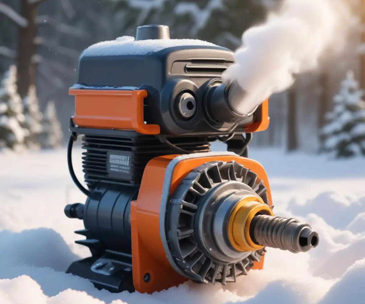 Close-up of a snowblower engine's spark plug and ignition coil.