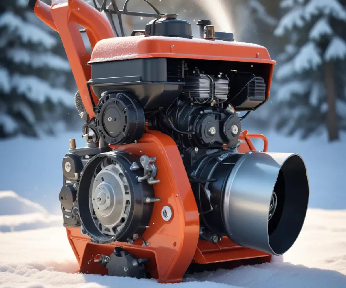 A close-up of a snowblower's engine, with a focus on the carburetor and spark plug area.