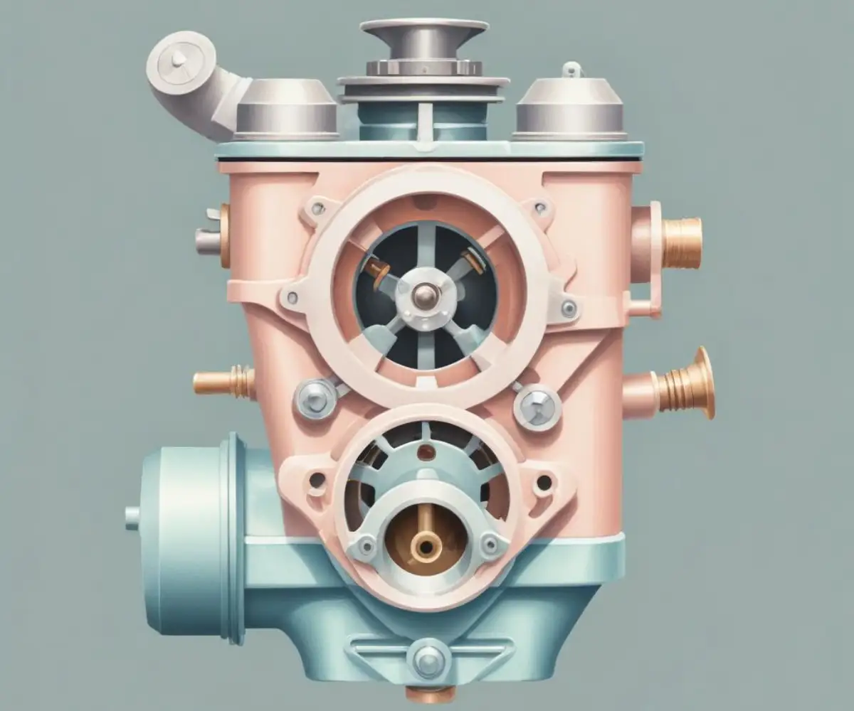 Close-up of a snowblower engine carburetor with adjustment screws visible.