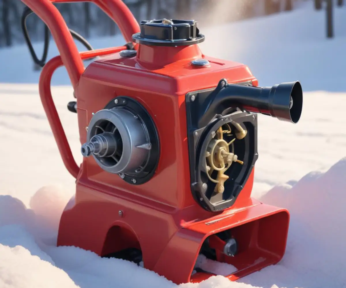 Close-up of a red snowblower's carburetor with the choke lever clearly visible.