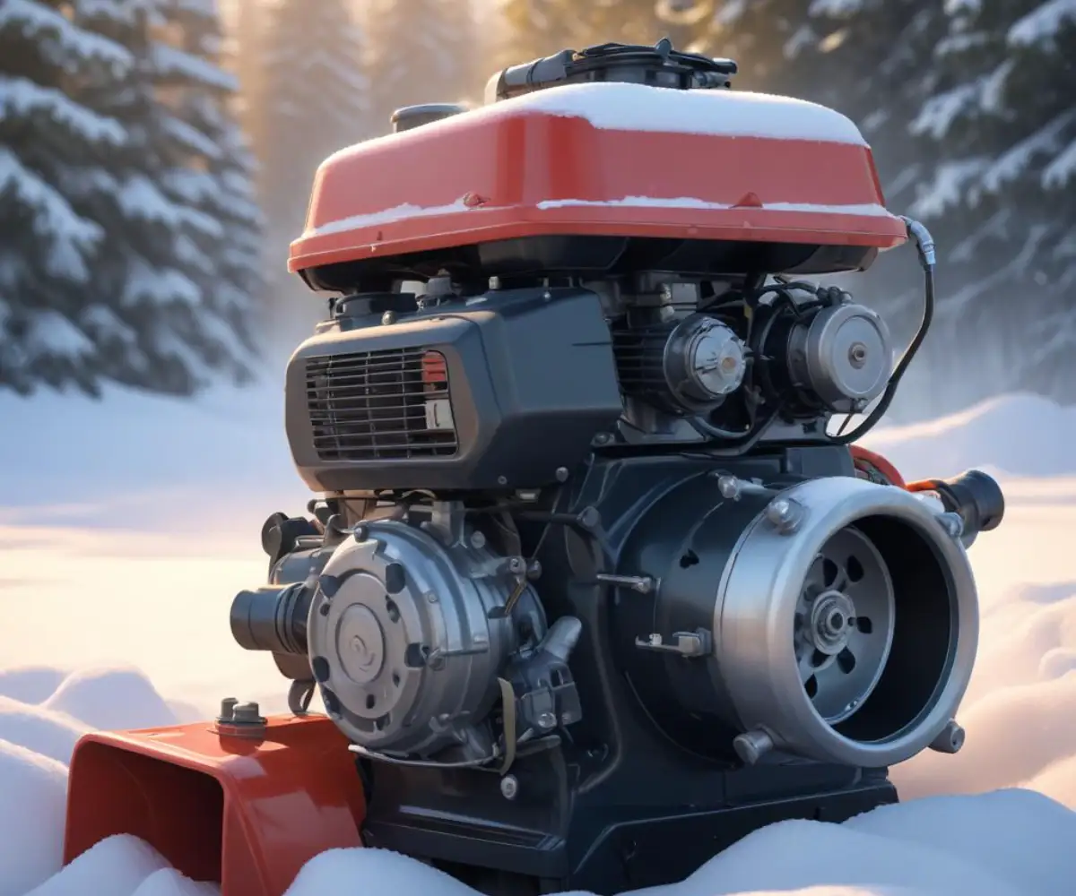 Close-up of a snowblower's engine and carburetor assembly.