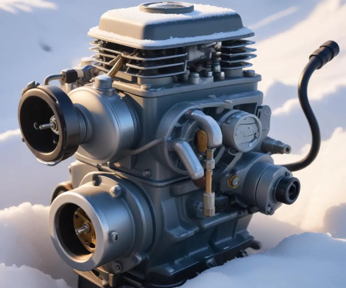 Close-up view of a snowblower engine carburetor and choke lever