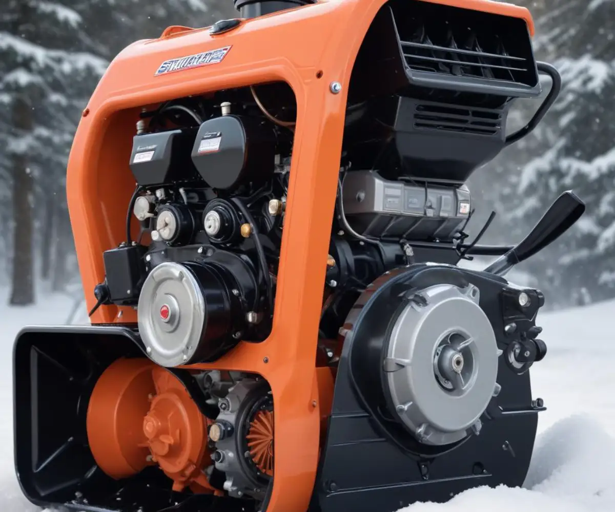 Close-up view of a snowblower's engine, focusing on the carburetor and choke lever assembly.