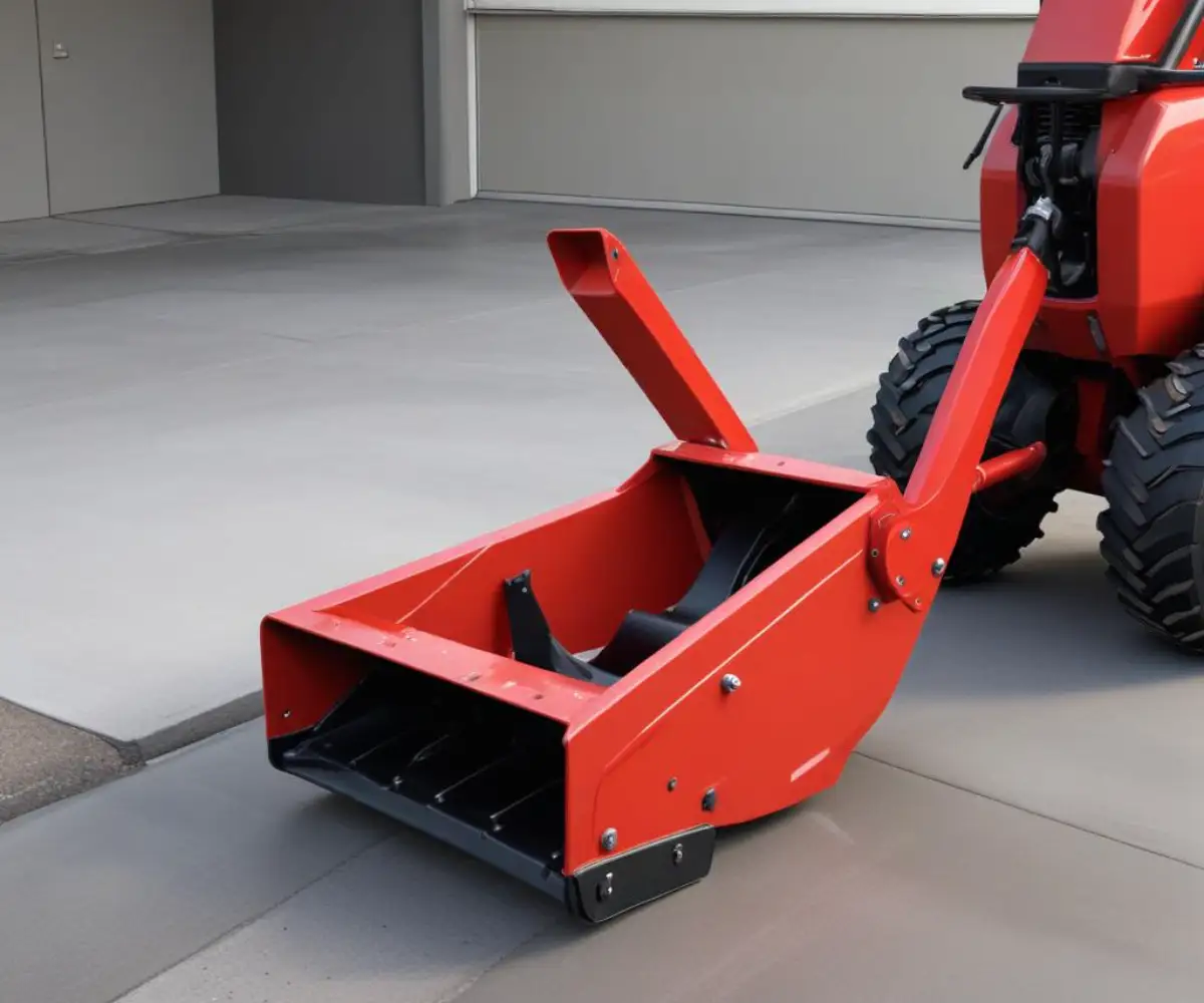 A close-up of a red snowblower's auger housing, showing the black scraper bar and adjustable skid shoes resting on a clean concrete garage floor.