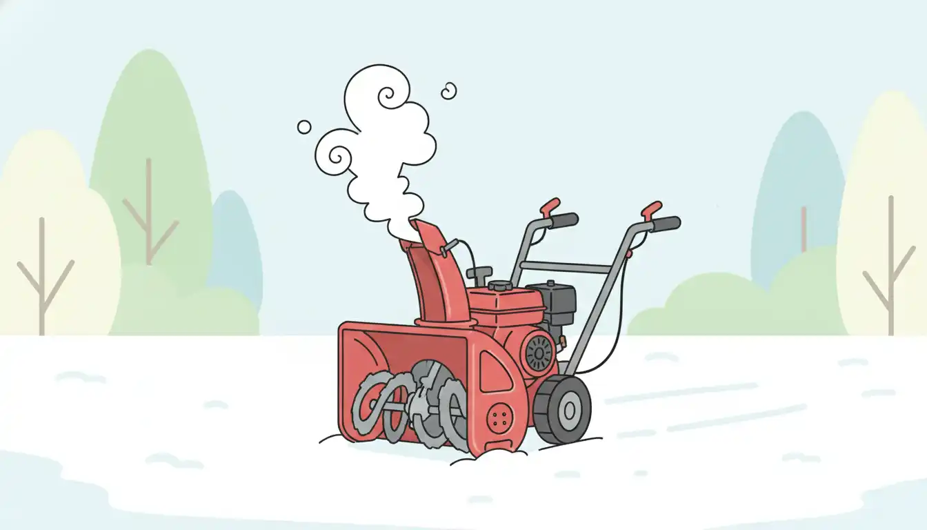 A red snowblower with a smoking engine, resting on a blanket of fresh white snow.