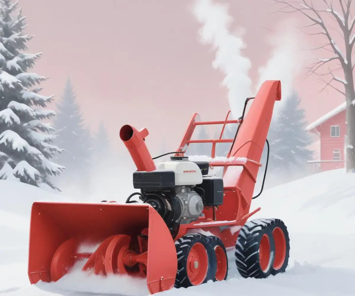 White smoke billowing from the engine of a red snowblower sitting on a snow-covered driveway.
