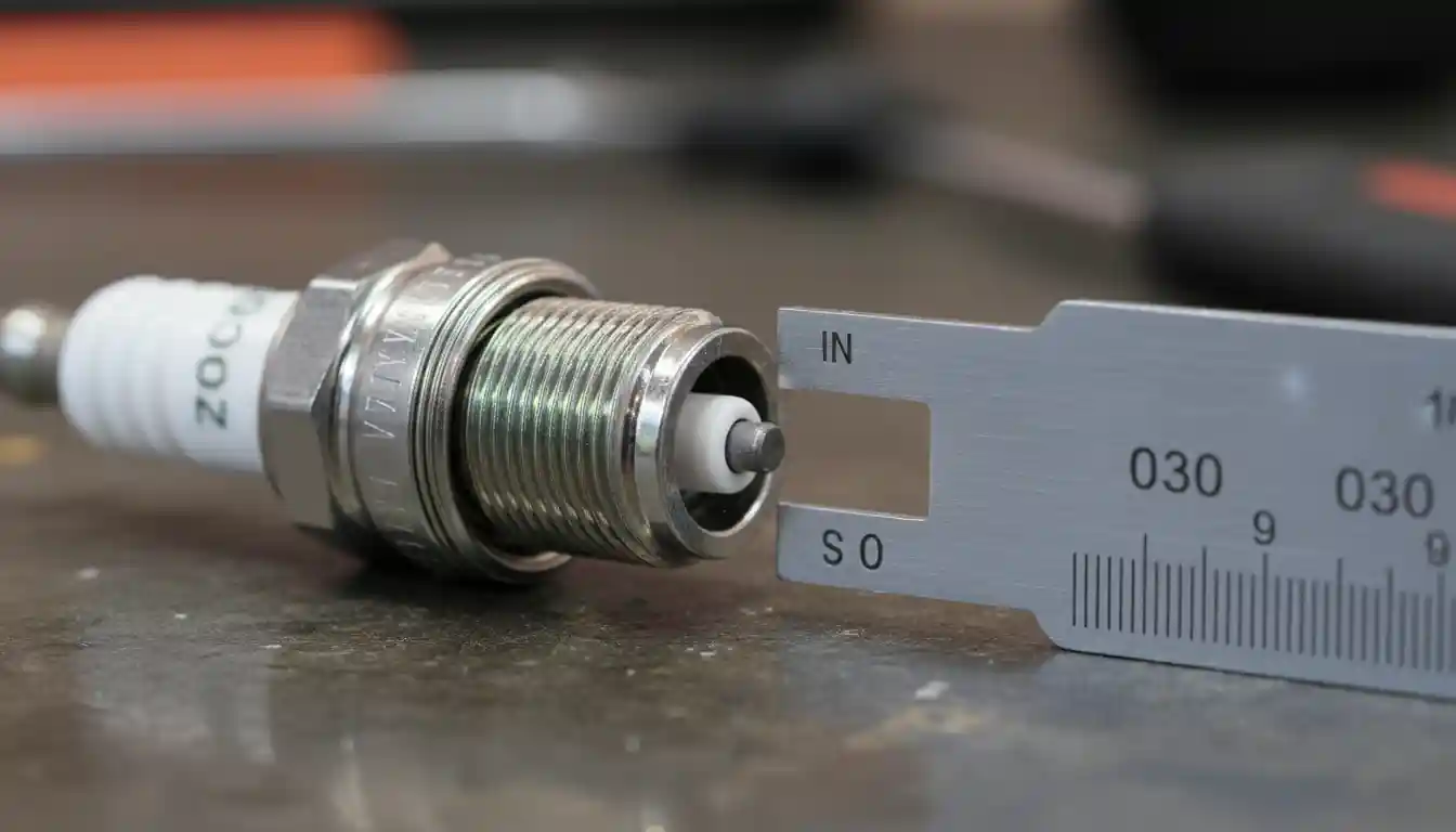 A close-up of a new snowblower spark plug with a feeler gauge measuring the distance between the center and ground electrodes.