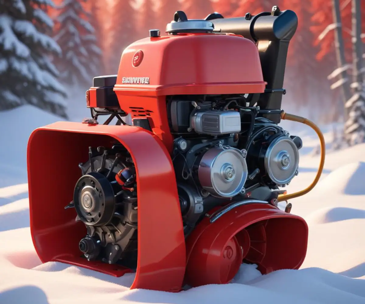 A red snowblower engine with its carburetor and fuel lines visible.