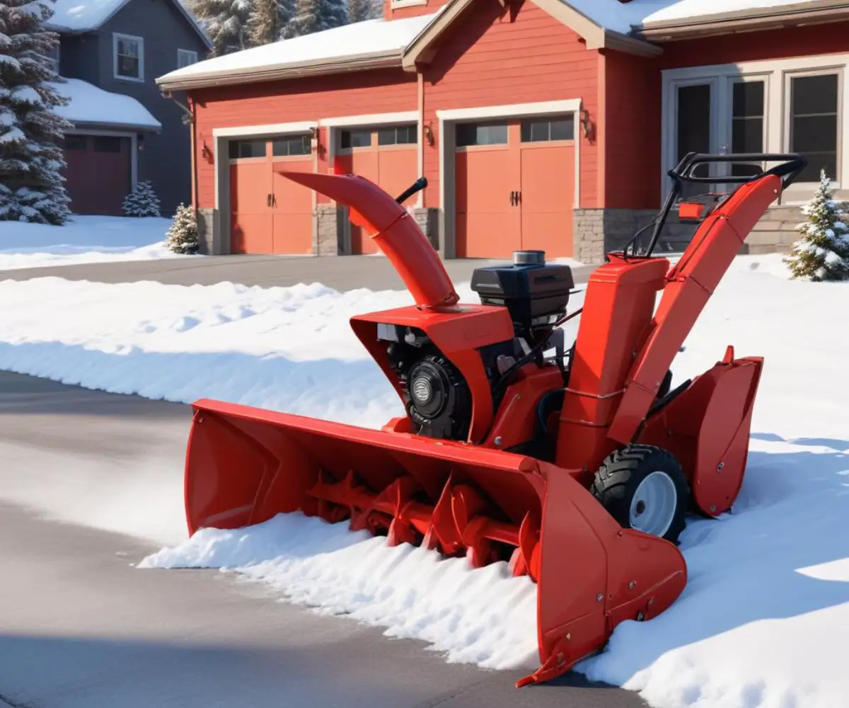 A red two-stage snowblower with a clean auger and chute, positioned on a paved surface clear of snow.