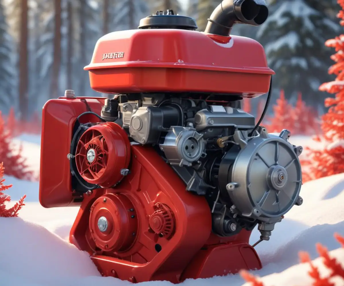 Side view of a red snowblower engine and carburetor assembly.