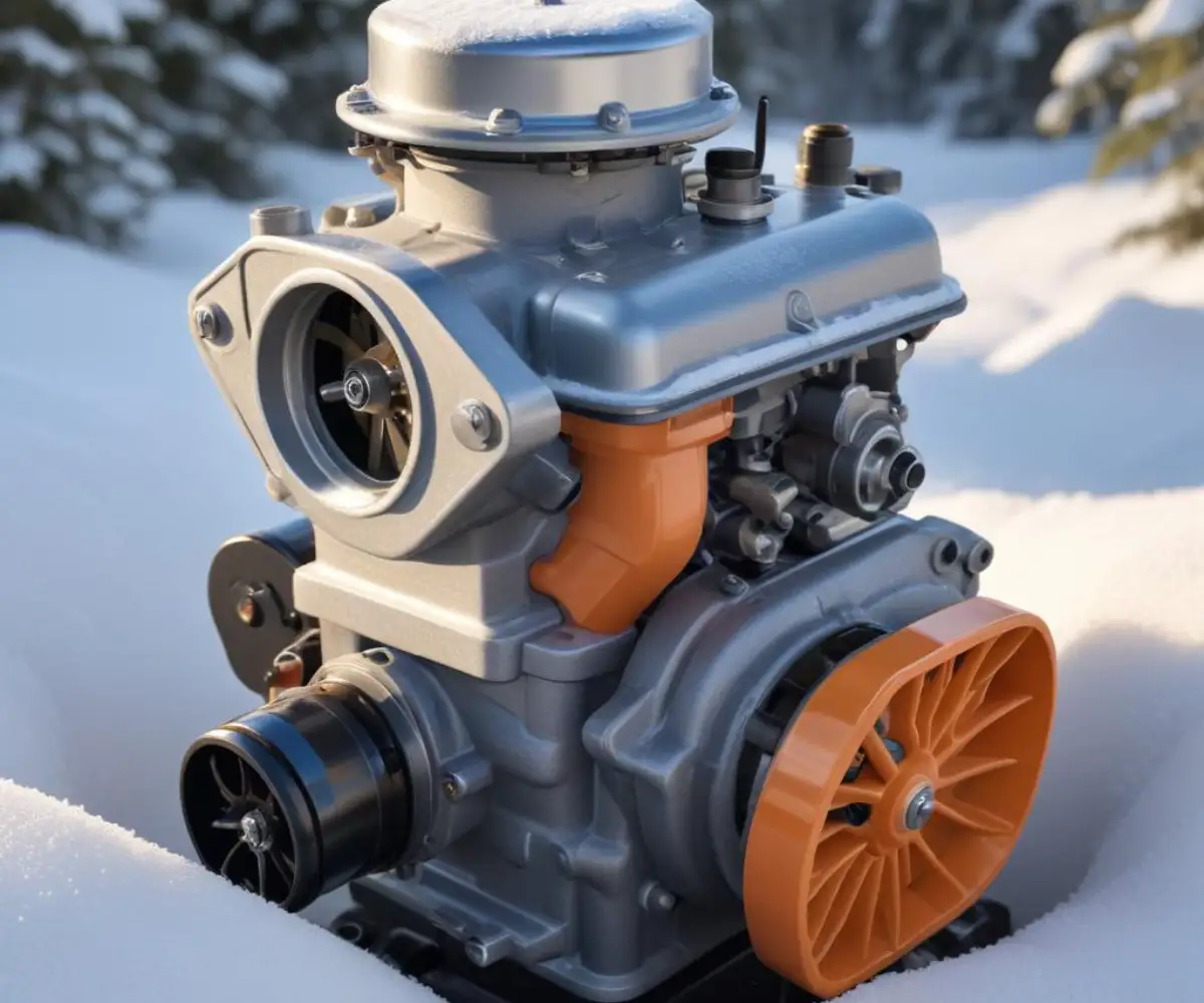 Close-up view of a snowblower engine carburetor with the air filter removed.