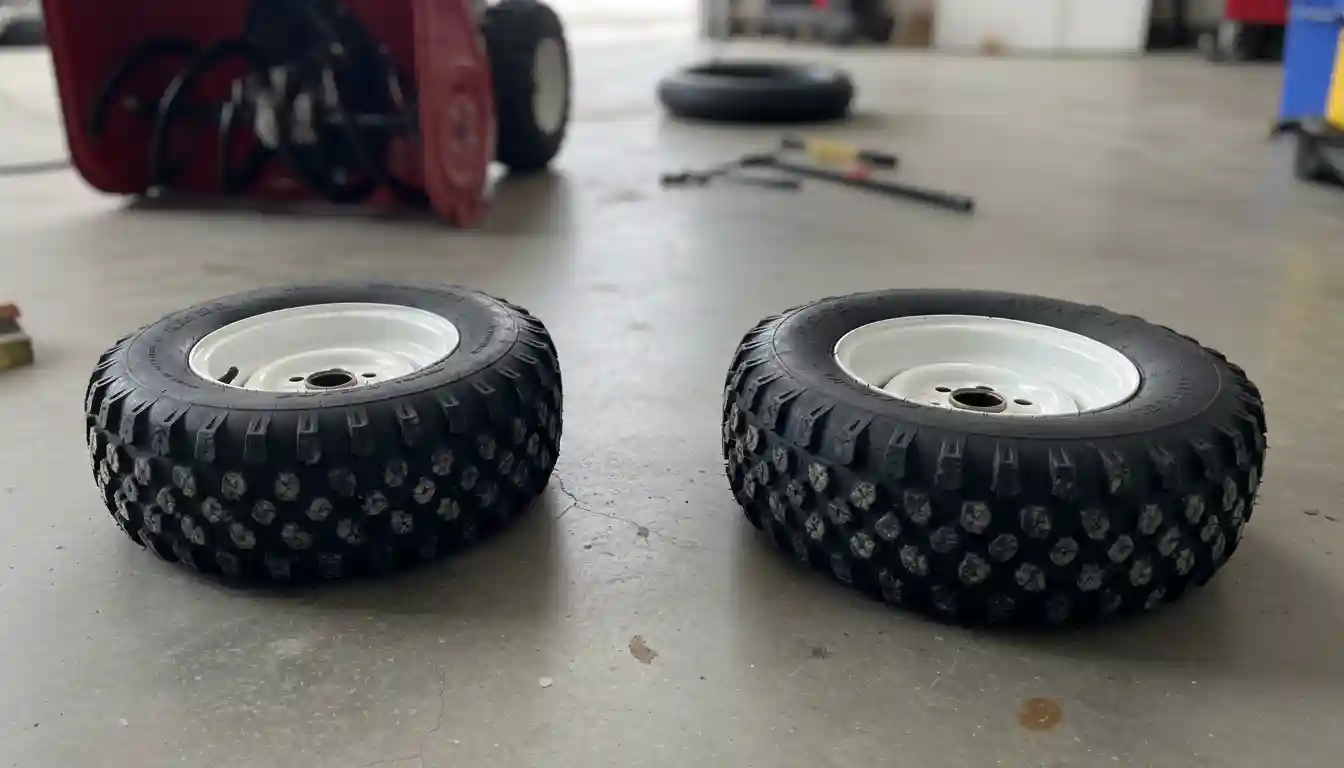 A red snowblower's black rubber tire completely separated from its white metal wheel rim, resting on a concrete garage floor.