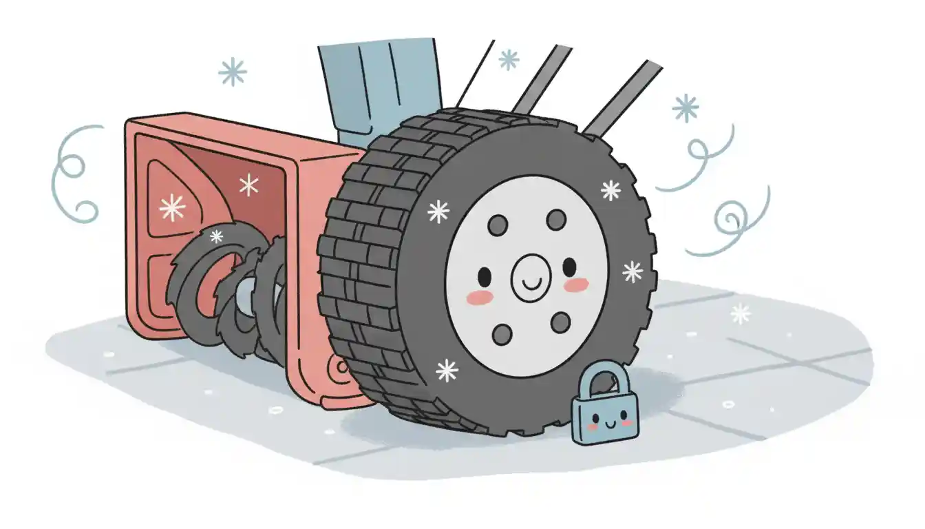 Close-up of a snowblower's large, black-treaded wheel locked in place on a paved driveway.