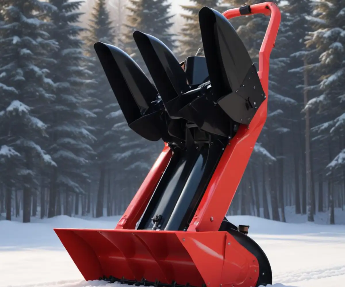 Close-up of black metal extension wings attached to the sides of a red snowblower auger housing.