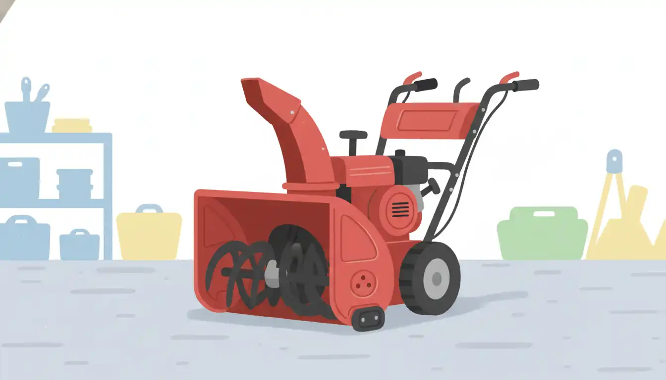 A sturdy red snowblower with a large auger, resting on a clean concrete garage floor.