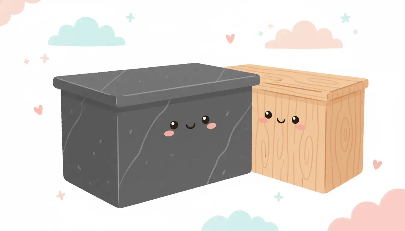 A kitchen island with a dark, veined soapstone countertop adjacent to perimeter counters made of light-toned butcher block.