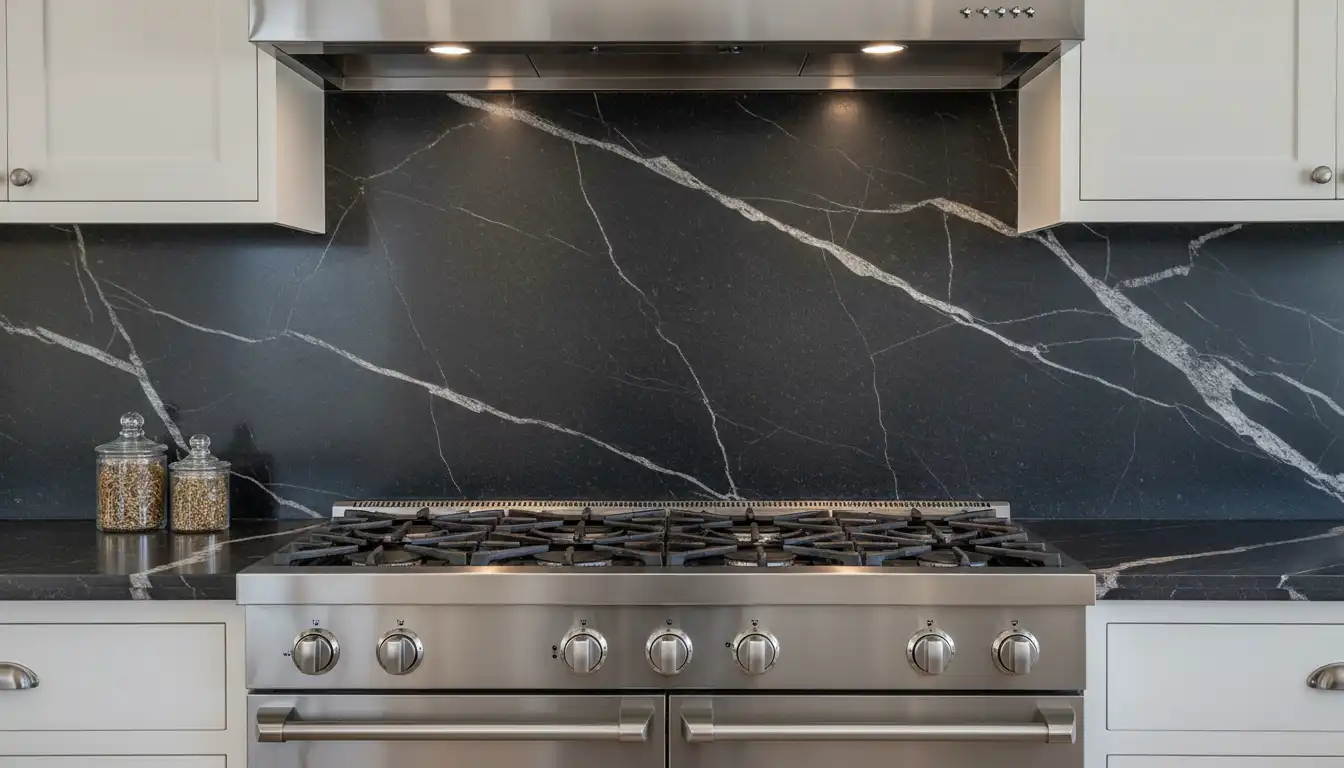A dark, veined soapstone slab backsplash installed on a kitchen wall behind a stainless steel range and cooktop.