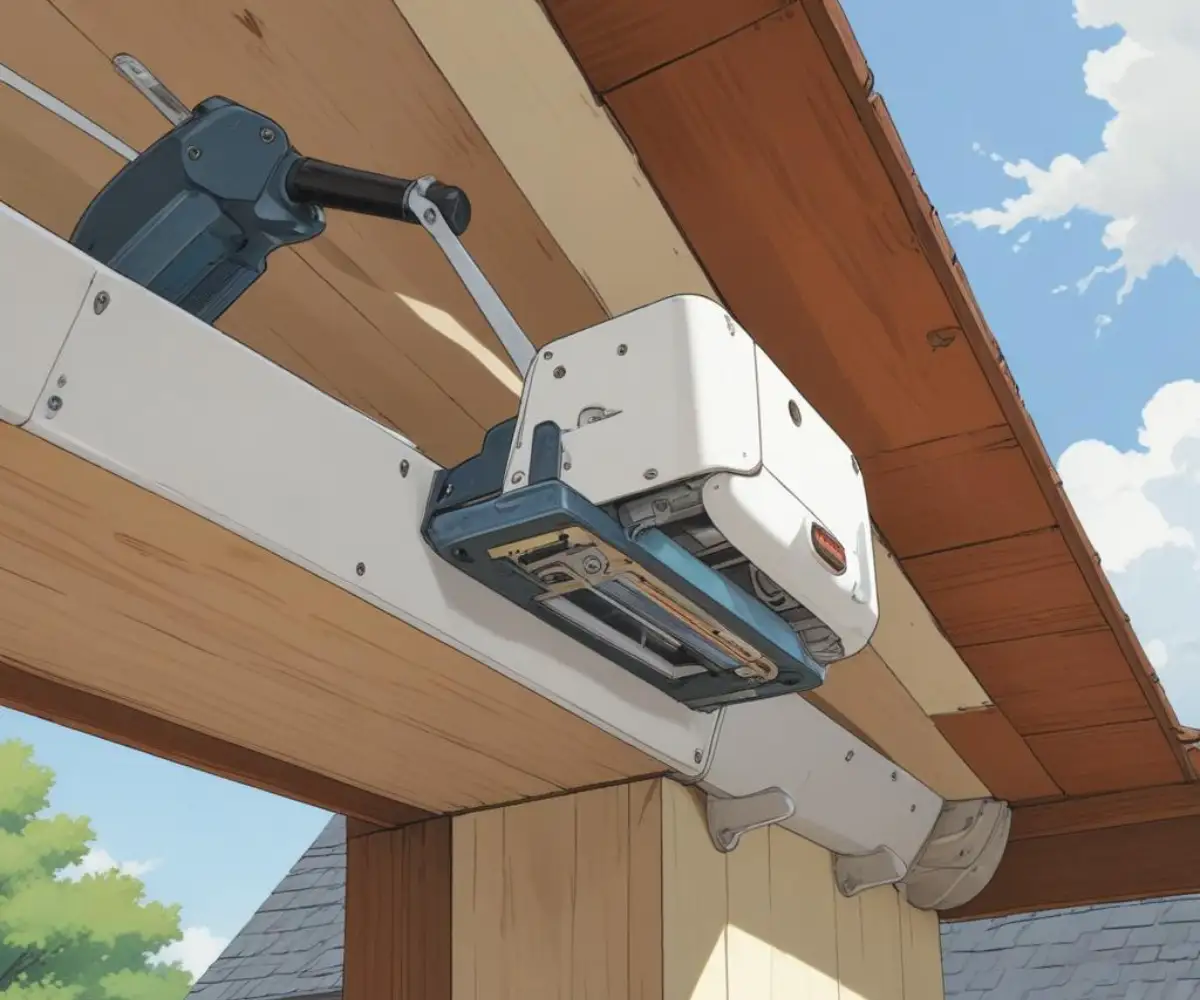 A pneumatic narrow crown stapler fastening a white, vented vinyl soffit panel to the underside of a wooden roof overhang.