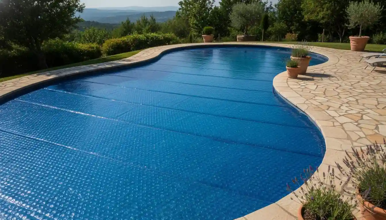 A blue, bubble-textured solar cover cut to the shape of a freeform swimming pool, floating on the water's surface next to a stone patio.