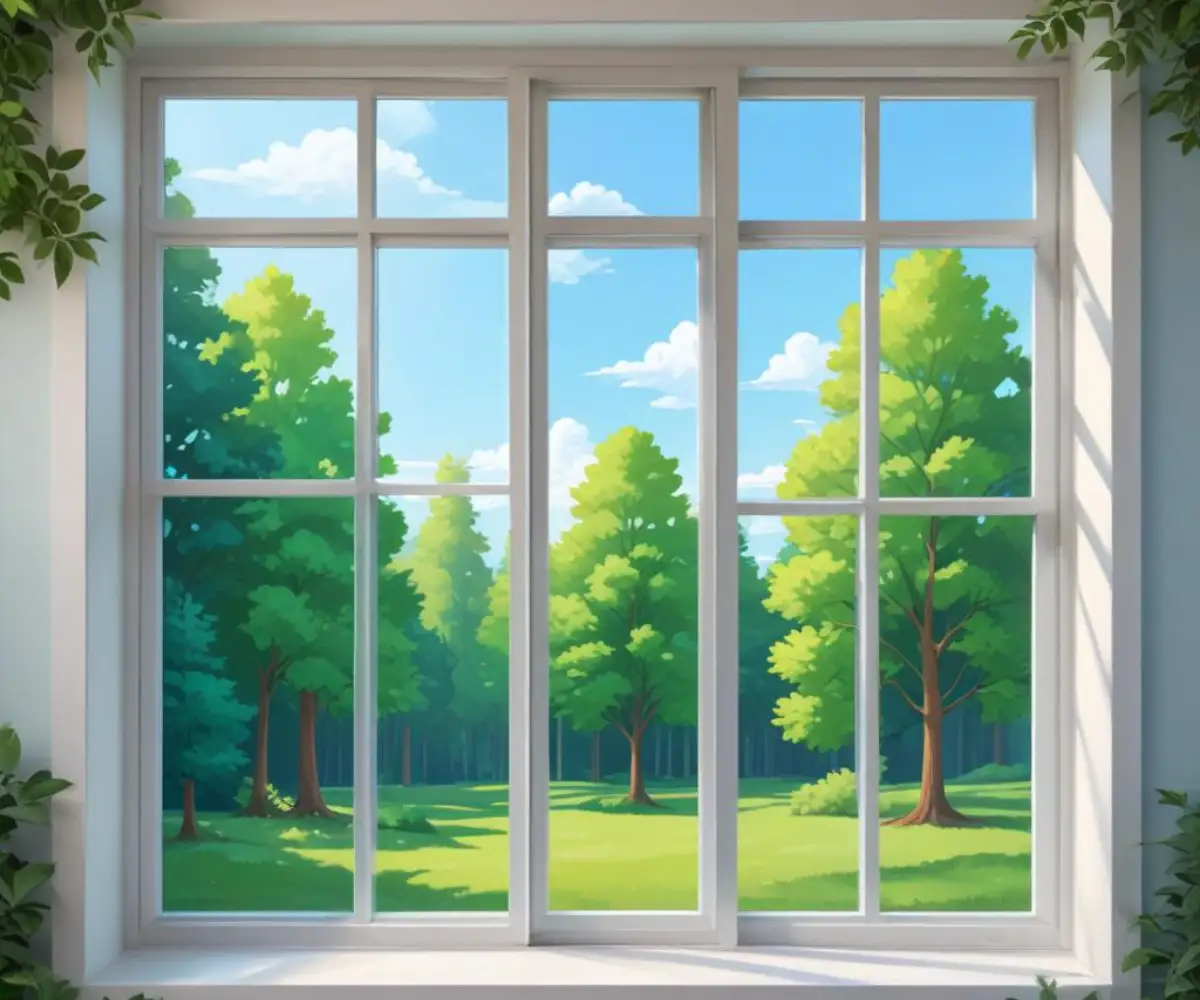 A modern, energy-efficient vinyl window with multiple panes, reflecting a clear blue sky and lush green trees.