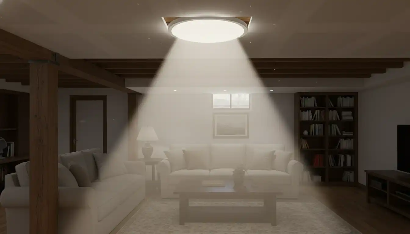 A highly reflective, rigid solar tube installed in a basement ceiling, with a round diffuser casting bright, natural daylight into the room.