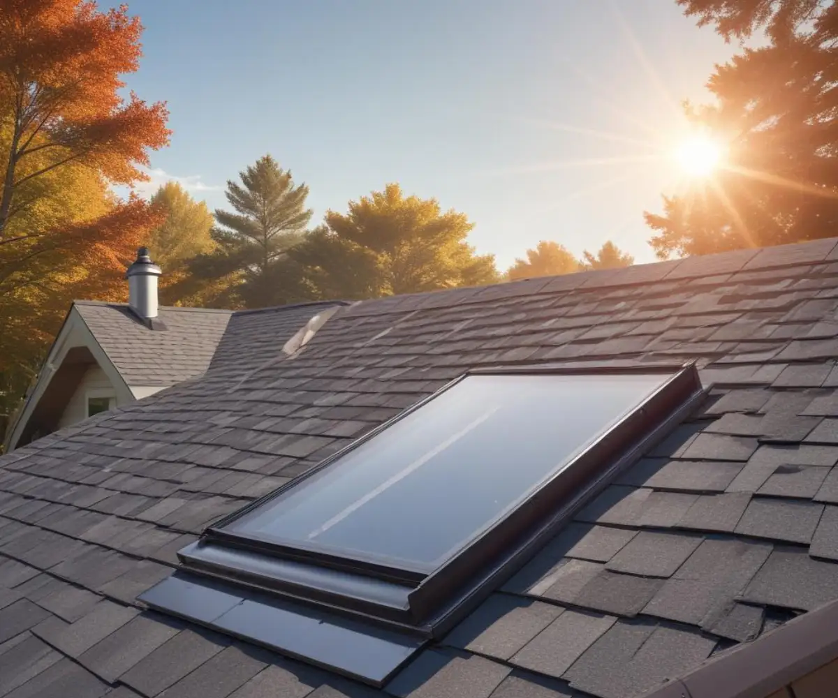A solar tube skylight dome installed on a residential shingle roof next to a vent pipe.