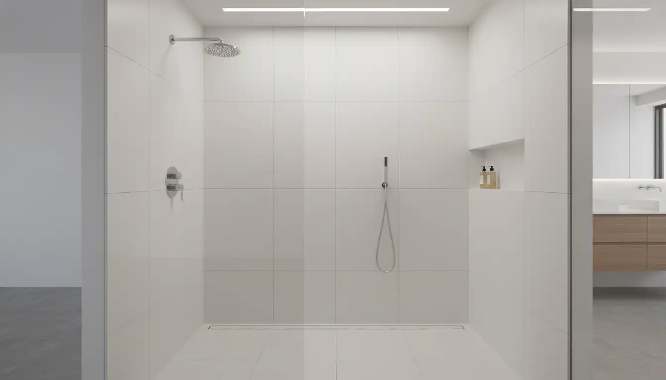A modern walk-in shower featuring seamless, matte white solid surface walls and a minimalist chrome shower head.