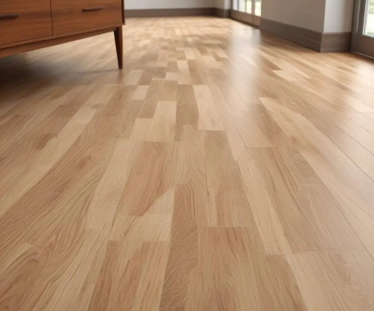 Close-up of textured luxury vinyl plank flooring with a realistic wood grain pattern, installed in a room with natural light.