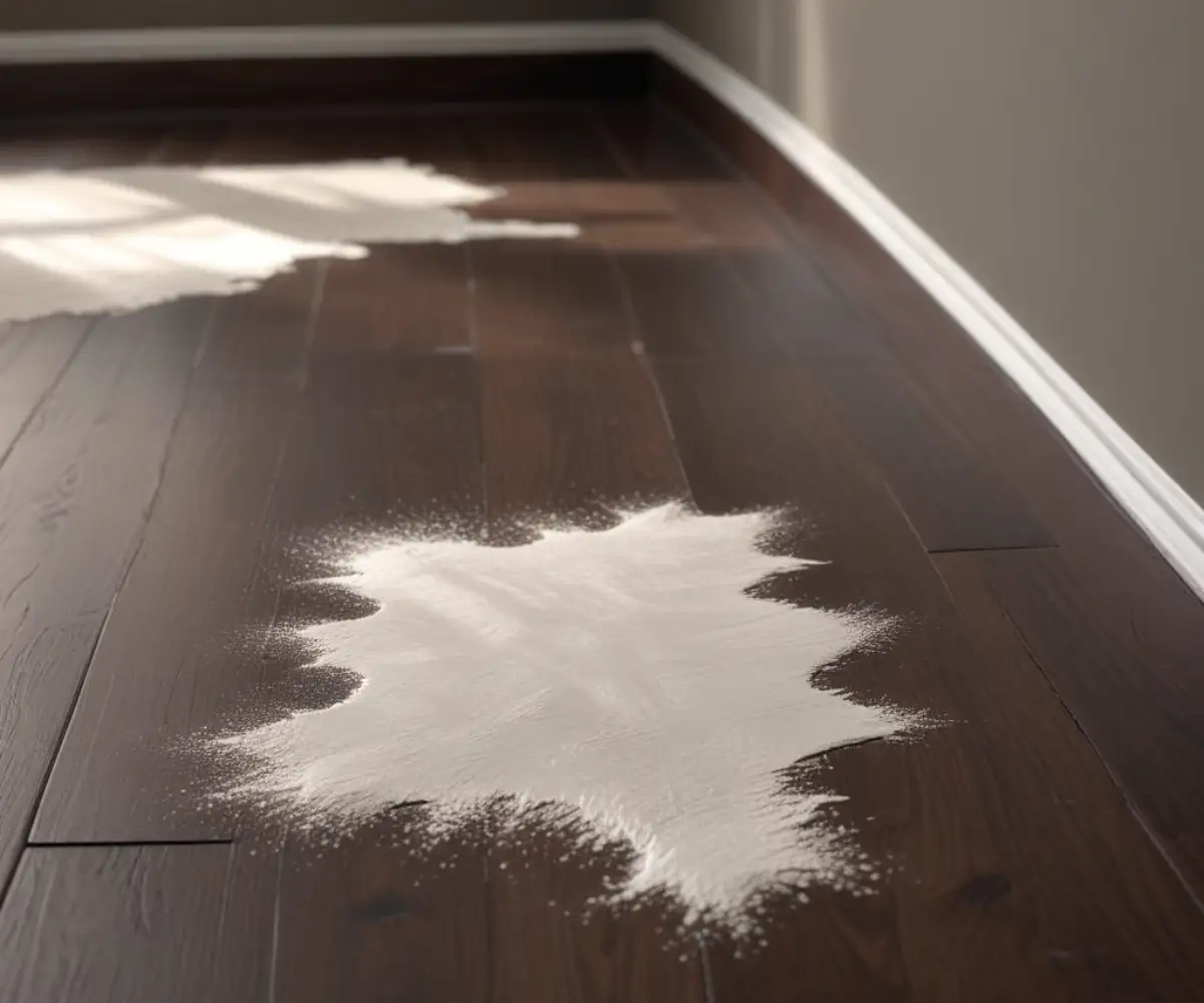 A thin layer of fine white spackle dust covering a dark wood floor after a wall repair.