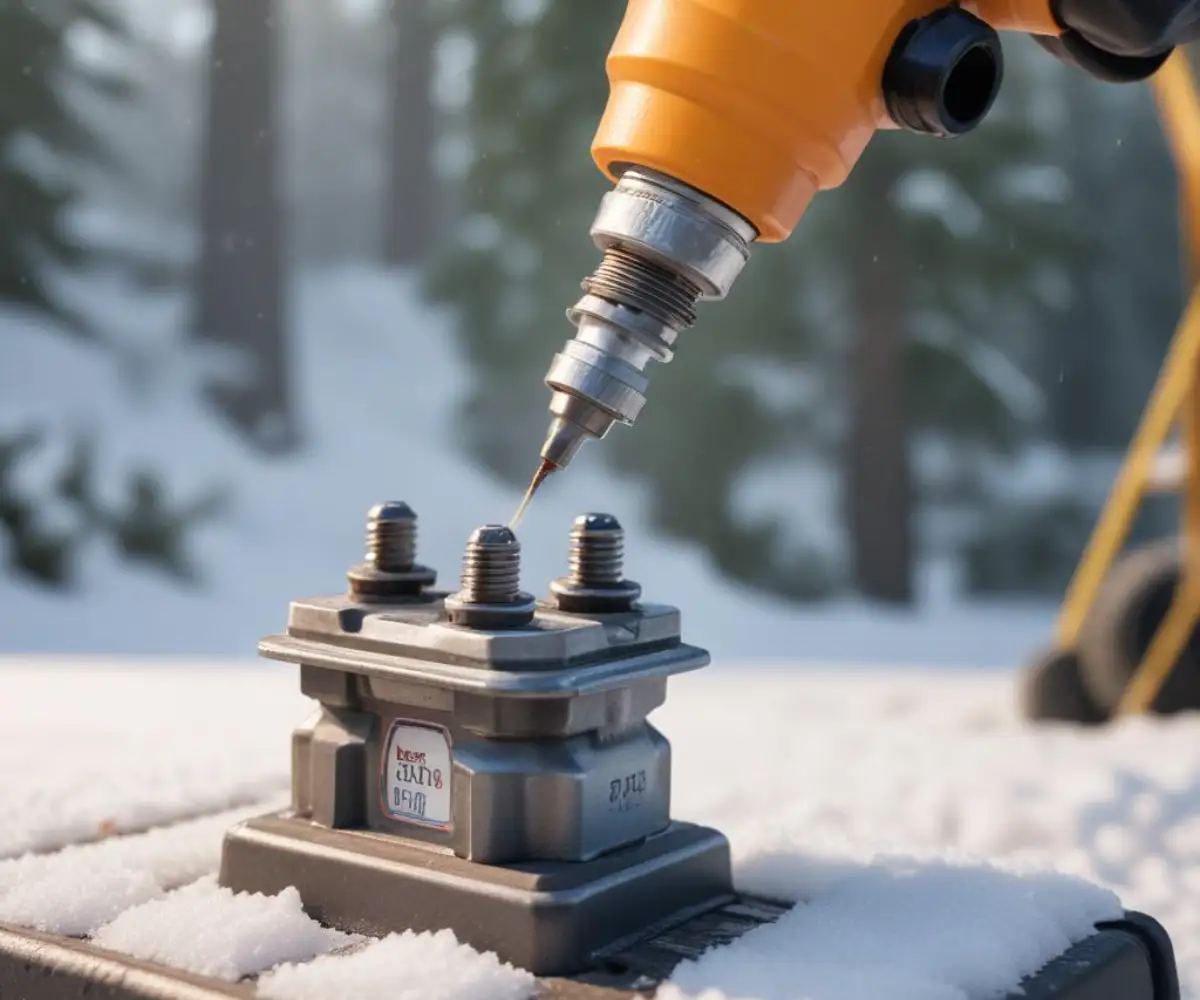 A close-up of a spark plug gap tool measuring the distance between the electrodes on a new snowblower spark plug.