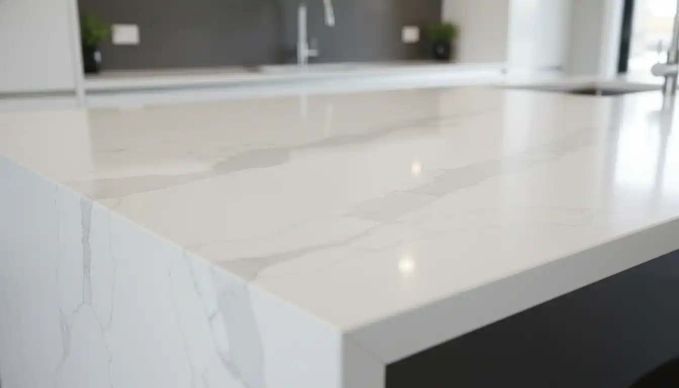 A polished white quartz kitchen countertop with subtle, elegant grey veining.