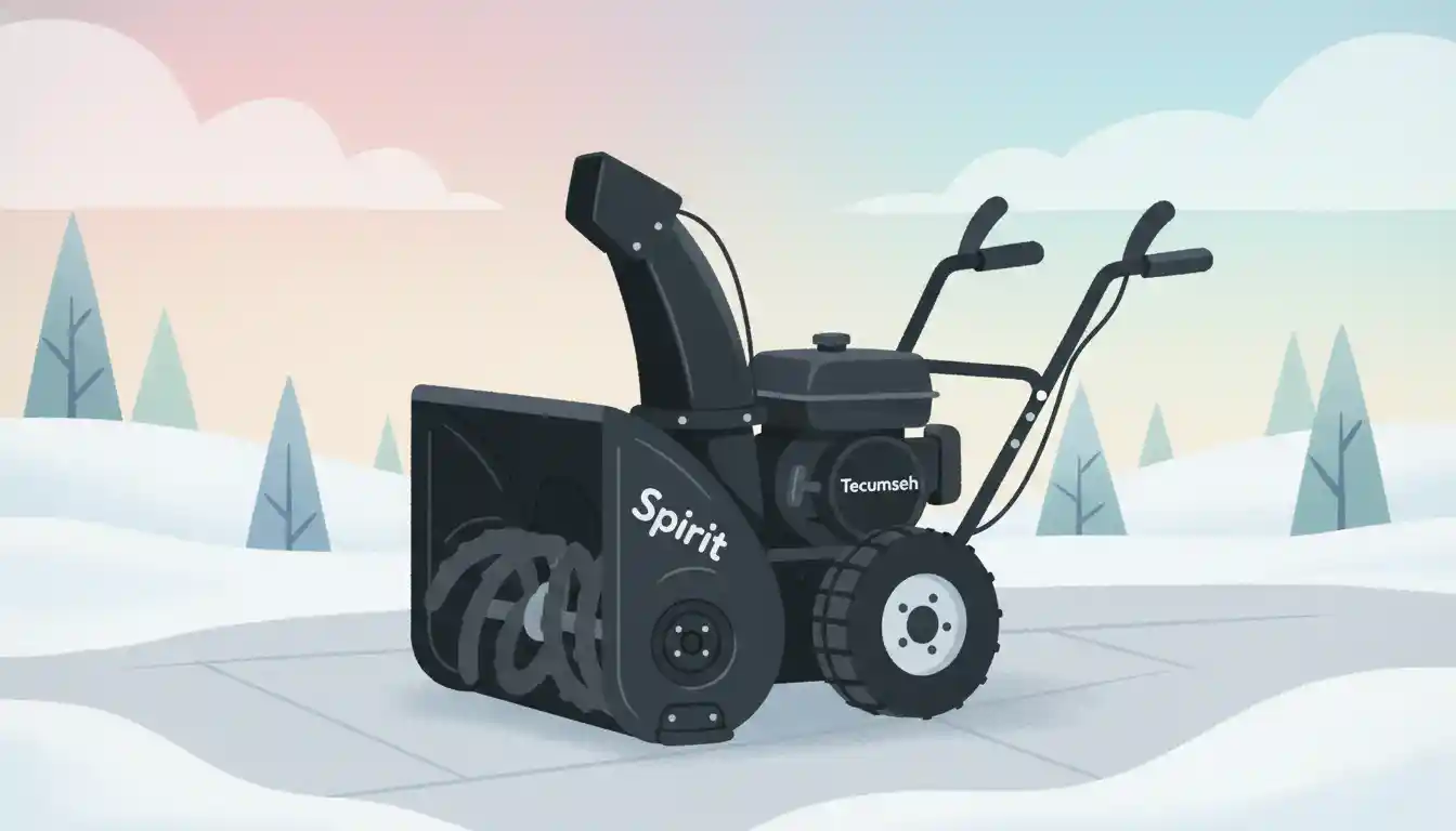 A black Spirit two-stage snowblower with a Tecumseh engine, parked on a paved surface with snow on the ground in the background.