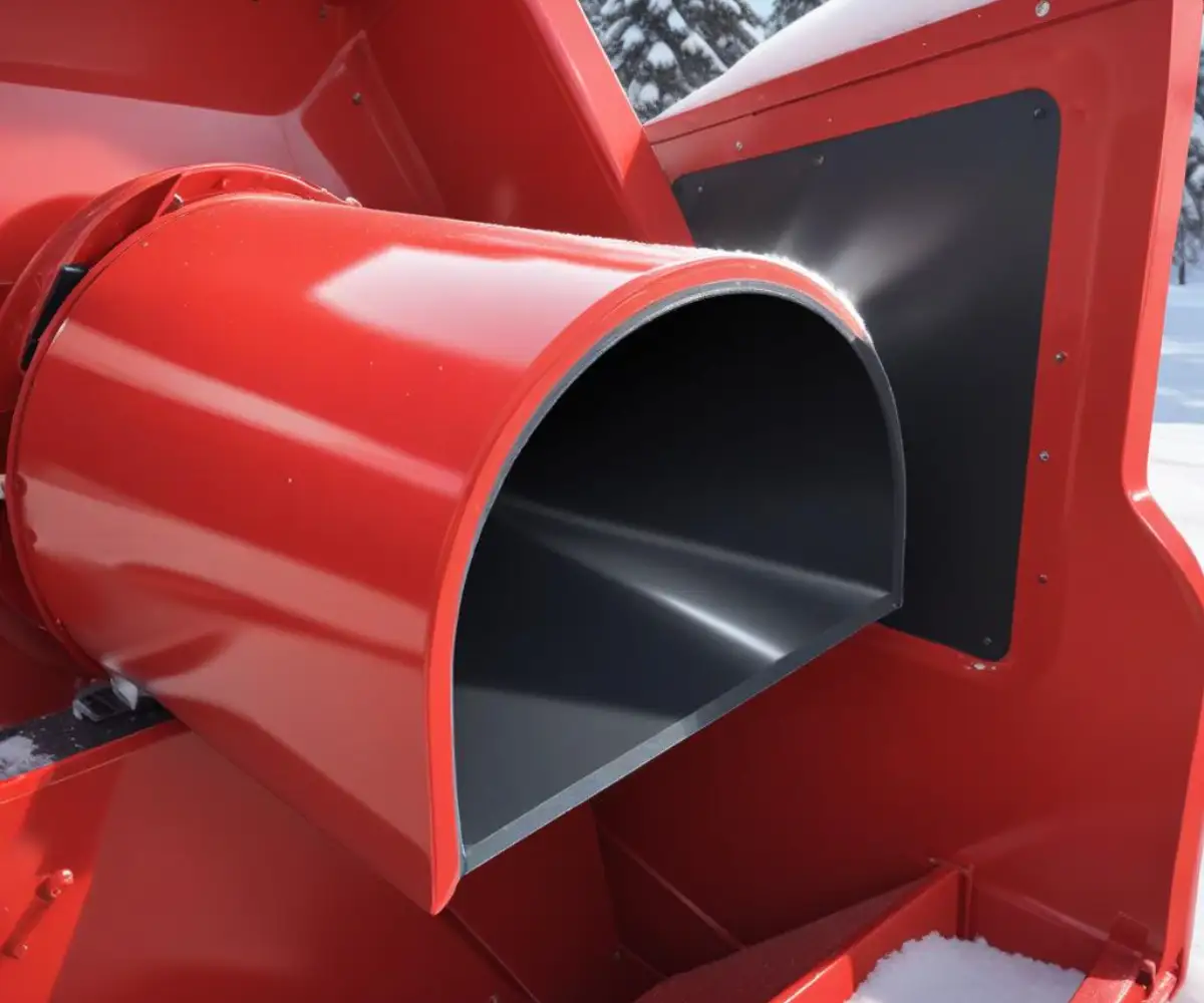 Close-up of a glossy, non-stick coating applied to the inside of a clean, red snowblower chute.