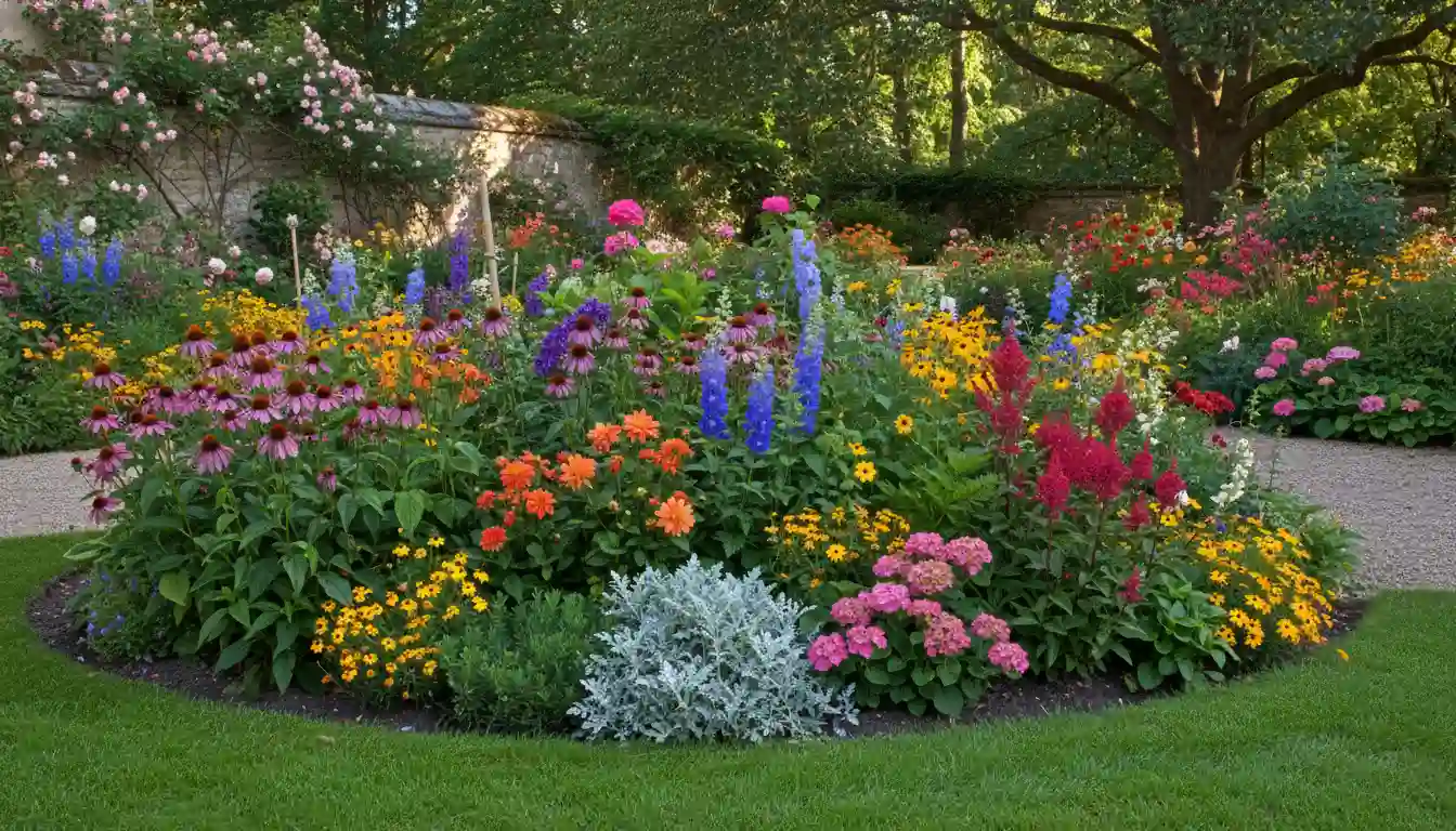 Colorful array of perennial flowers and shrubs in a lush garden bed.