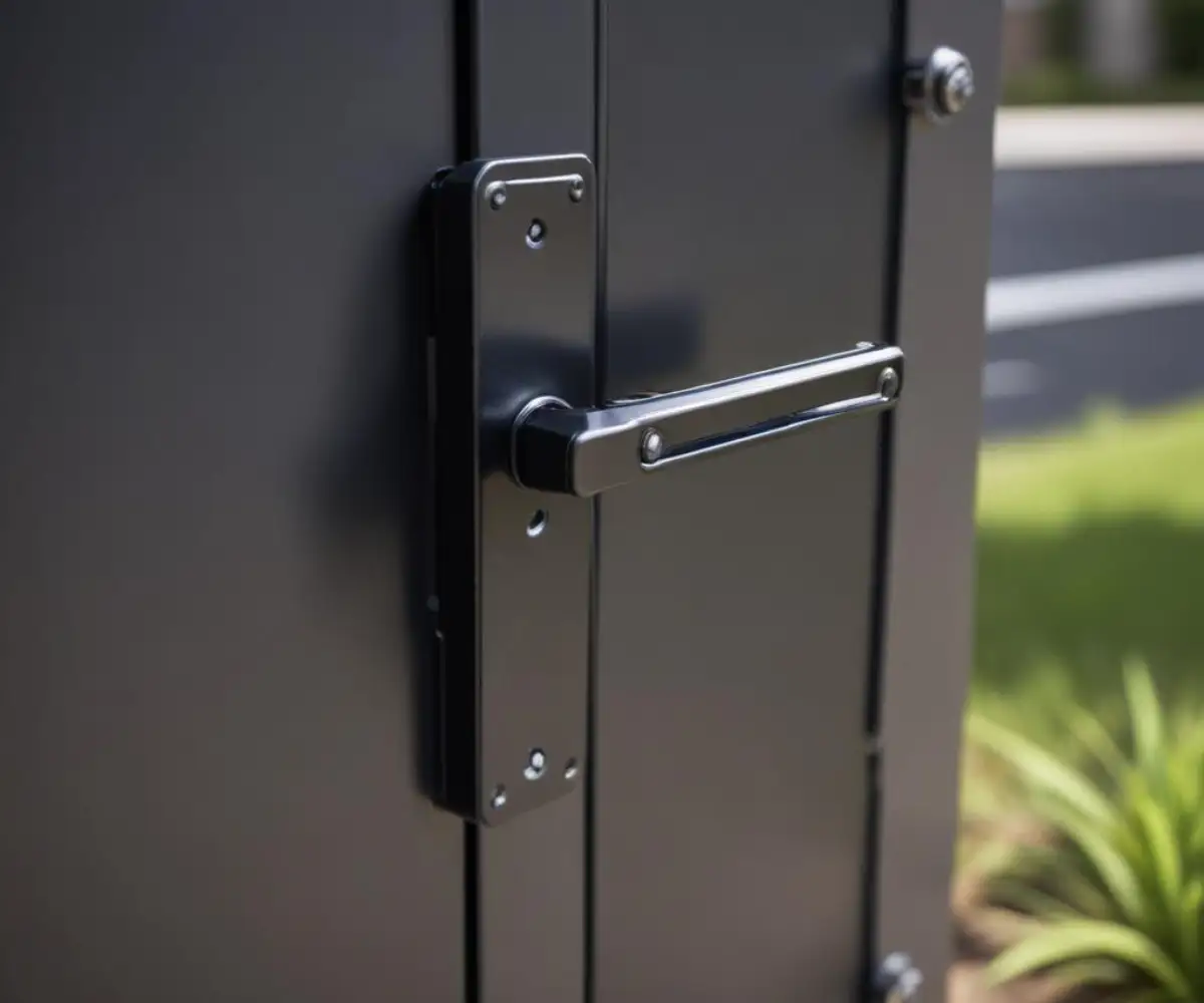 A close-up of a metal spring-loaded hinge attached to a black mailbox door, set against a plain background.